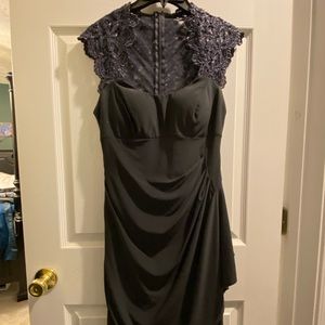 Xscape gunmetal gray shirt dress with lace/lurex bodice size 4